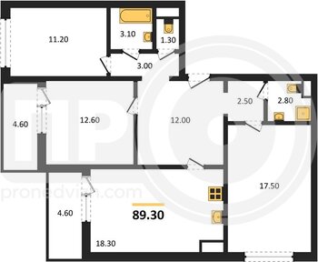 Миниатюра 3-комнатная квартира, 89.3кв.м