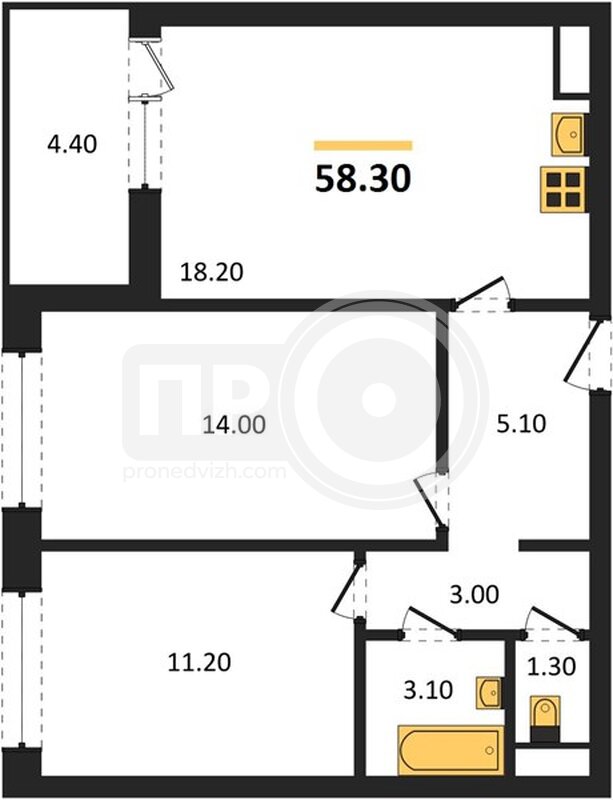 2-комнатная квартира, 58.3кв.м