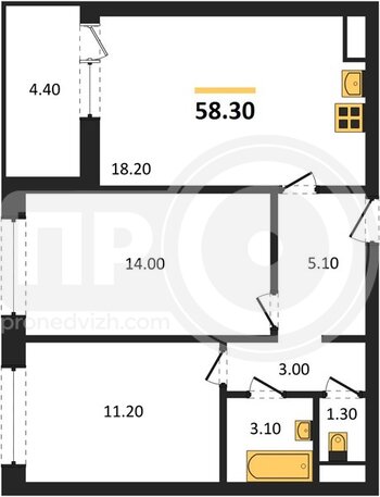 Миниатюра 2-комнатная квартира, 58.3кв.м