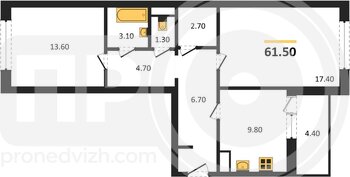 Миниатюра 2-комнатная квартира, 61.5кв.м