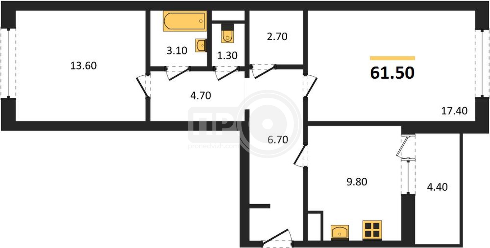 2-комнатная квартира, 61.5кв.м