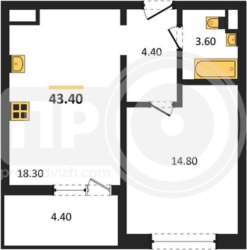Миниатюра 1-комнатная квартира, 43.4кв.м