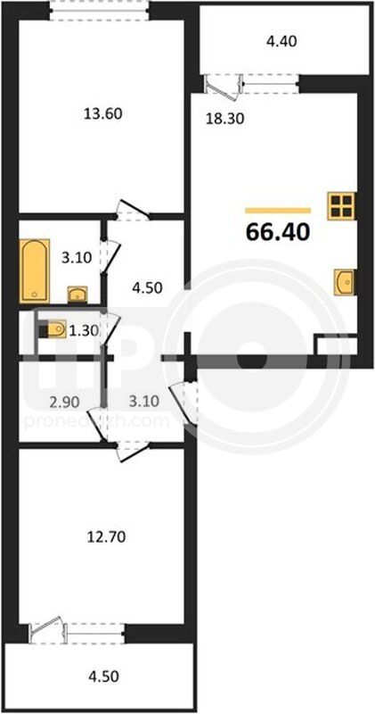 2-комнатная квартира, 66.4кв.м