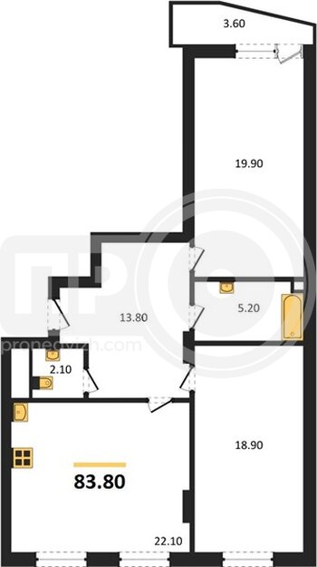 Миниатюра 2-комнатная квартира, 83.8кв.м