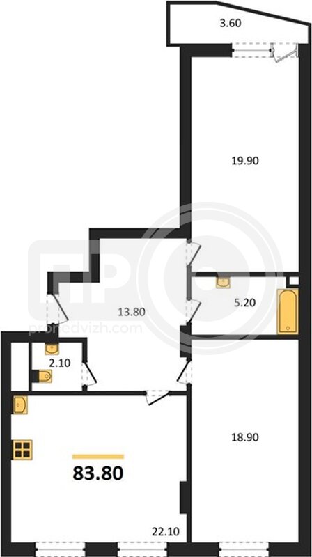 2-комнатная квартира, 83.8кв.м