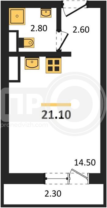 Миниатюра 1-комнатная квартира, 21.1кв.м