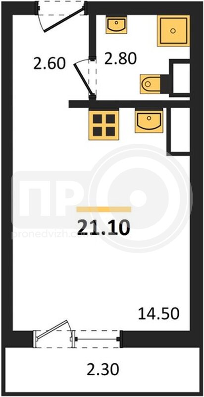 1-комнатная квартира, 21.1кв.м