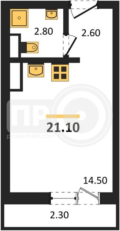 1-комнатная квартира, 21.1кв.м