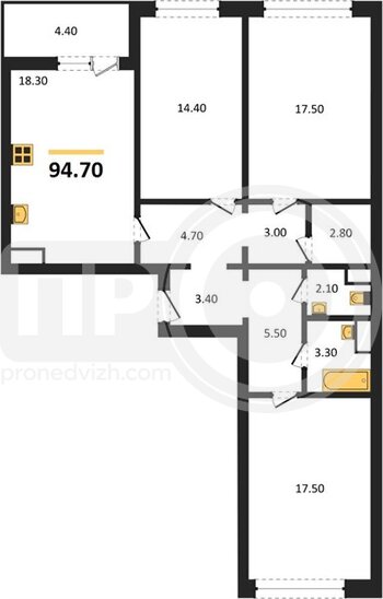 Миниатюра 3-комнатная квартира, 94.7кв.м