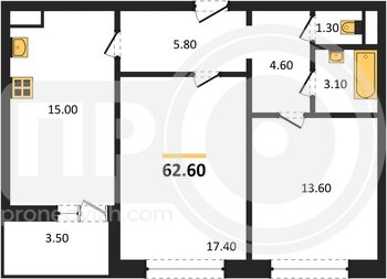 Миниатюра 2-комнатная квартира, 62.6кв.м