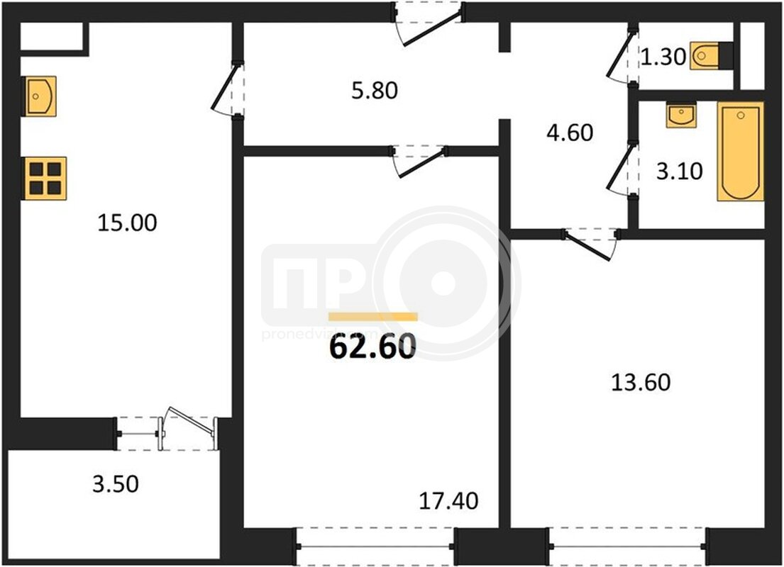 2-комнатная квартира, 62.6кв.м