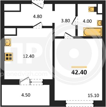 Миниатюра 1-комнатная квартира, 42.4кв.м