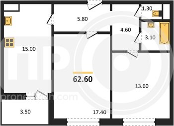 Миниатюра 2-комнатная квартира, 62.6кв.м