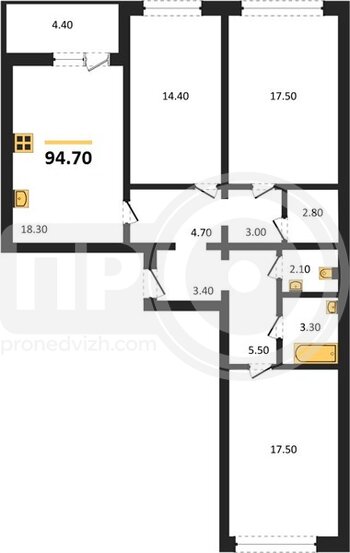 Миниатюра 3-комнатная квартира, 94.7кв.м