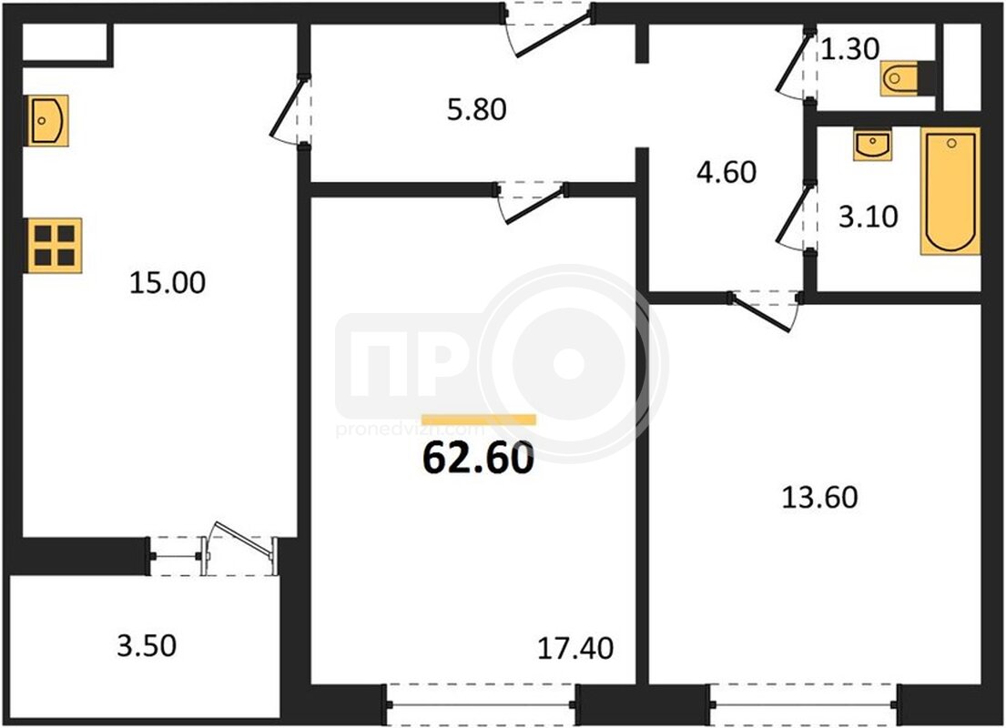 2-комнатная квартира, 62.6кв.м