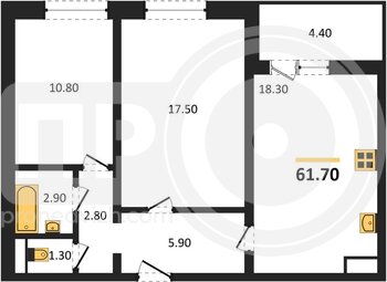 Миниатюра 2-комнатная квартира, 61.7кв.м