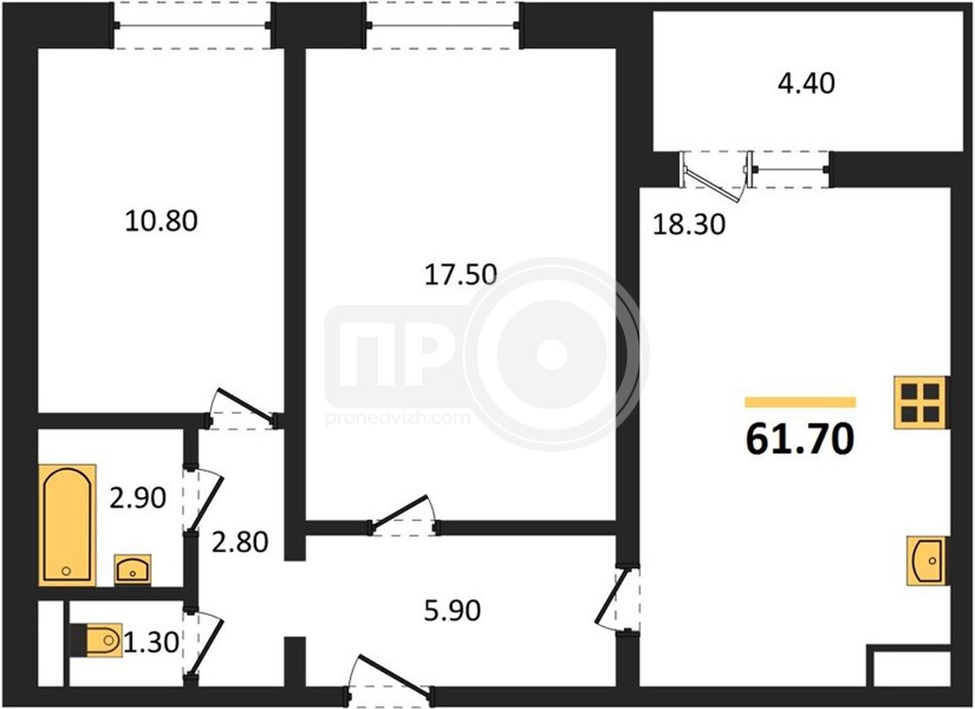 2-комнатная квартира, 61.7кв.м