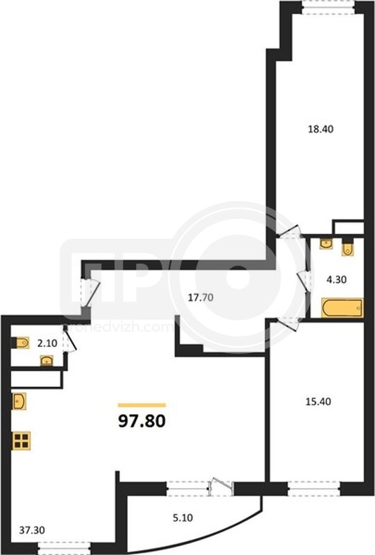 2-комнатная квартира, 97.8кв.м