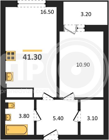 Миниатюра 1-комнатная квартира, 41.3кв.м