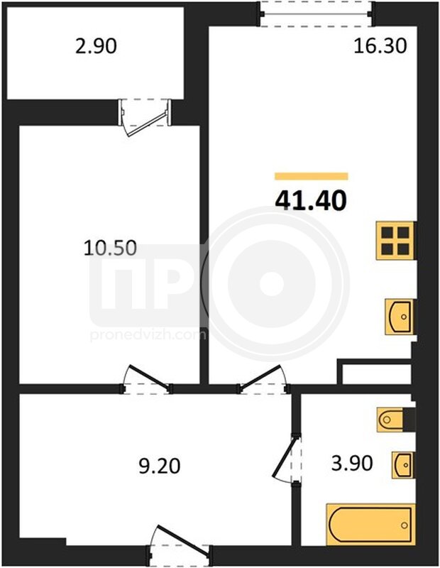 1-комнатная квартира, 41.4кв.м