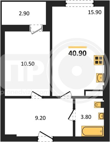 Миниатюра 1-комнатная квартира, 40.9кв.м