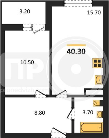 Миниатюра 1-комнатная квартира, 40.3кв.м