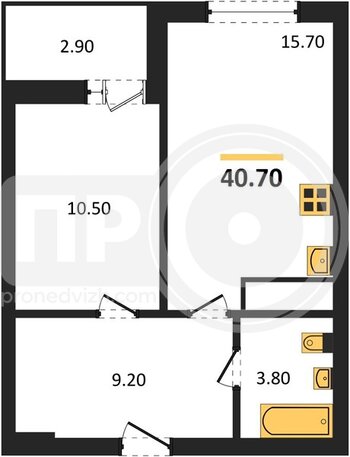 Миниатюра 1-комнатная квартира, 40.7кв.м