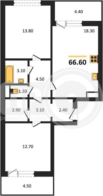 Миниатюра 2-комнатная квартира, 66.6кв.м