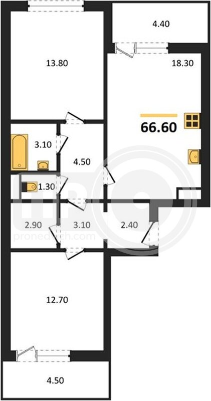 2-комнатная квартира, 66.6кв.м