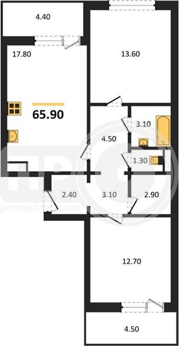 Миниатюра 2-комнатная квартира, 65.9кв.м