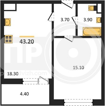 Миниатюра 1-комнатная квартира, 43.2кв.м