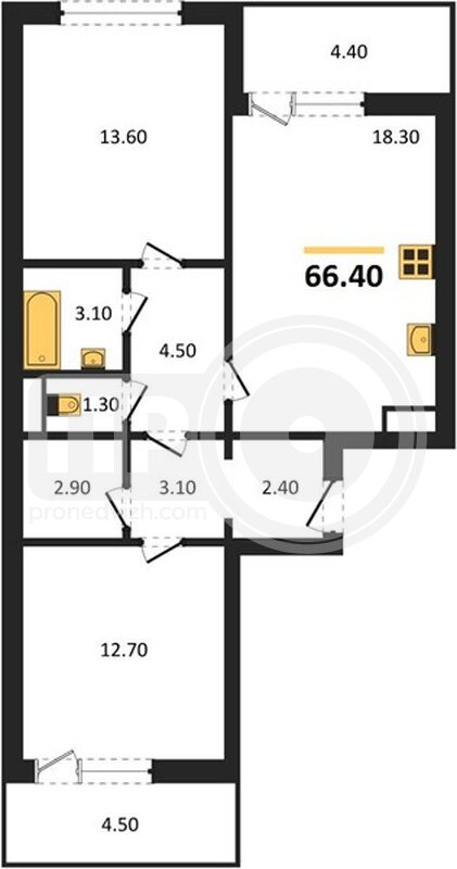 2-комнатная квартира, 66.4кв.м