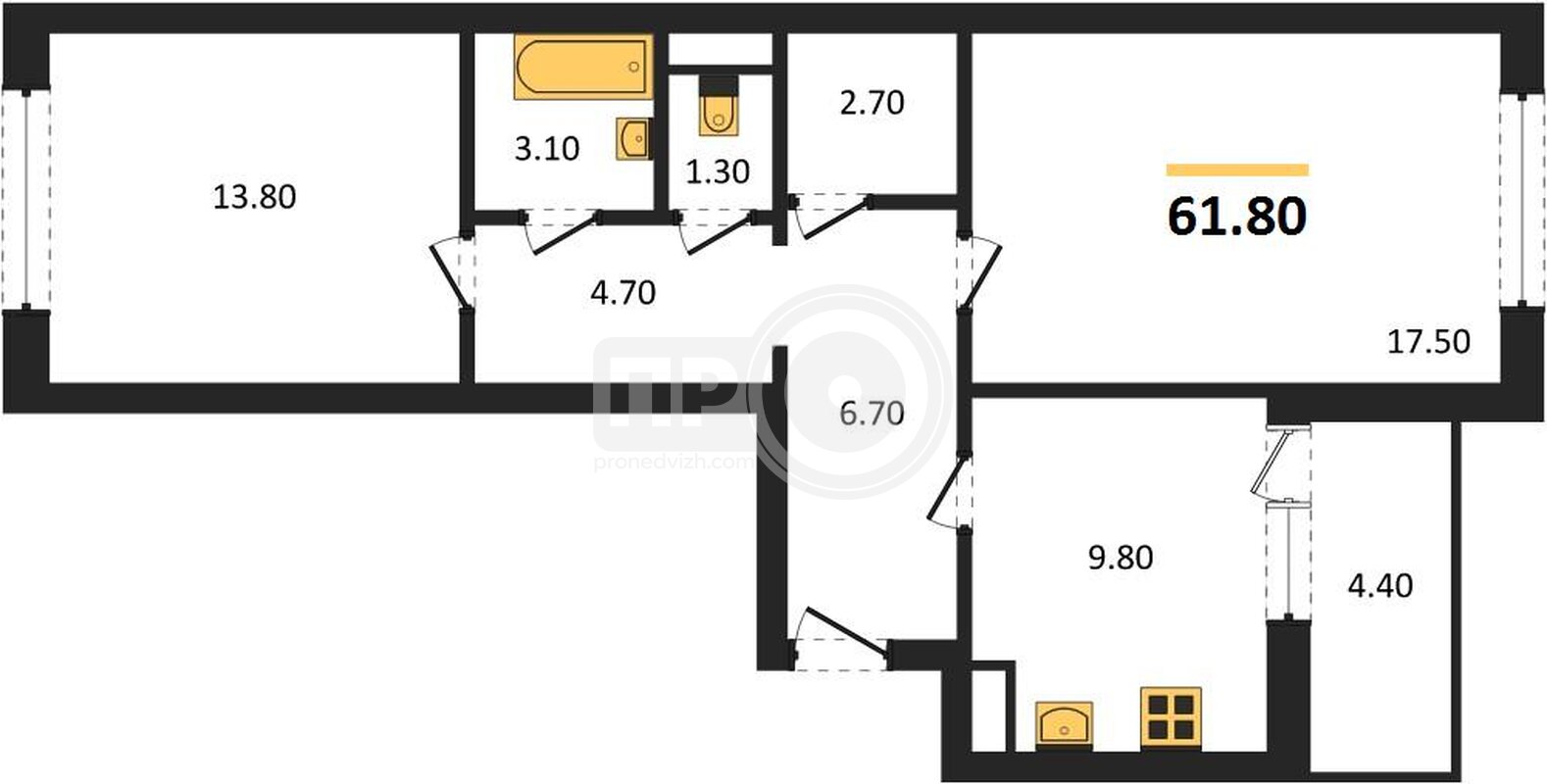 2-комнатная квартира, 61.8кв.м