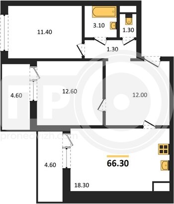 Миниатюра 2-комнатная квартира, 66.3кв.м