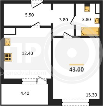 Миниатюра 1-комнатная квартира, 43кв.м
