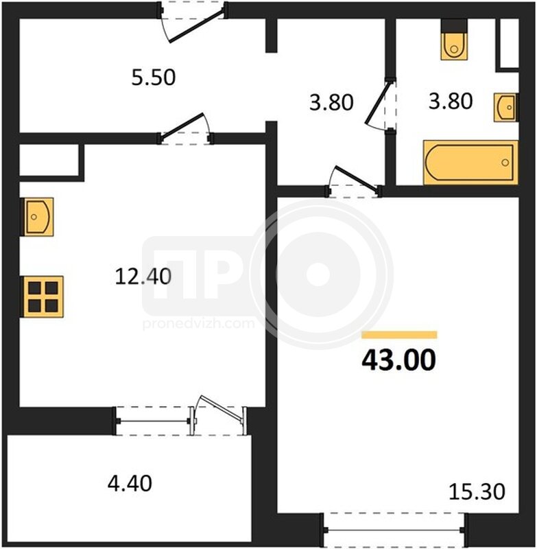 1-комнатная квартира, 43кв.м
