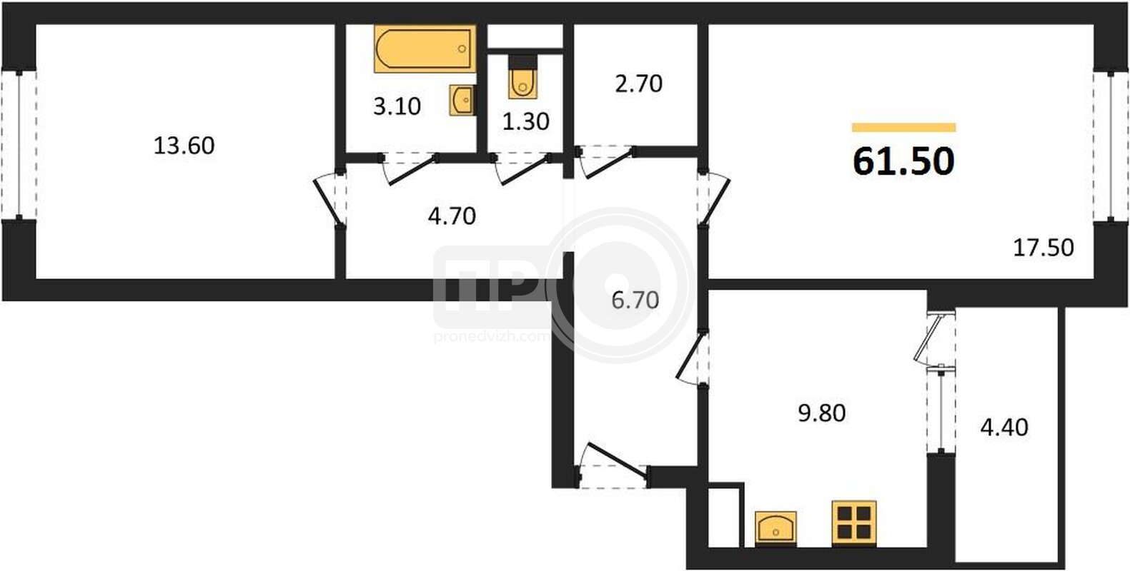 2-комнатная квартира, 61.5кв.м