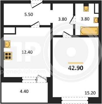 Миниатюра 1-комнатная квартира, 42.9кв.м