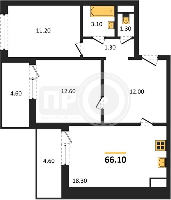 2-комнатная квартира, 66.1кв.м