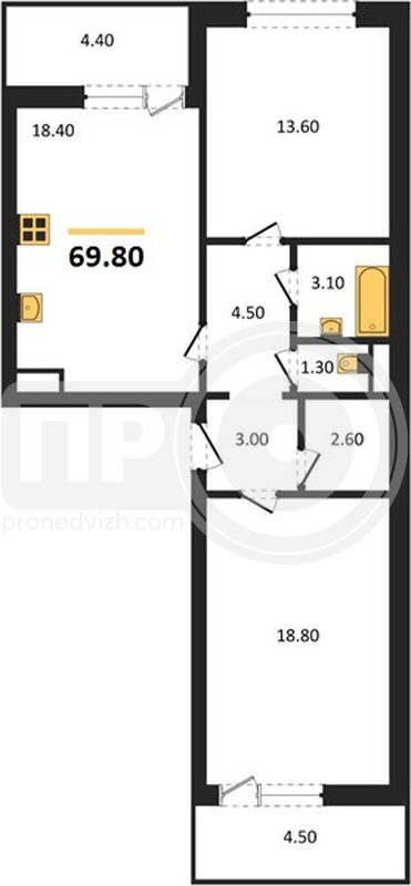 2-комнатная квартира, 69.8кв.м