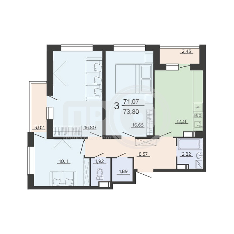 3-комнатная квартира, 73.8кв.м