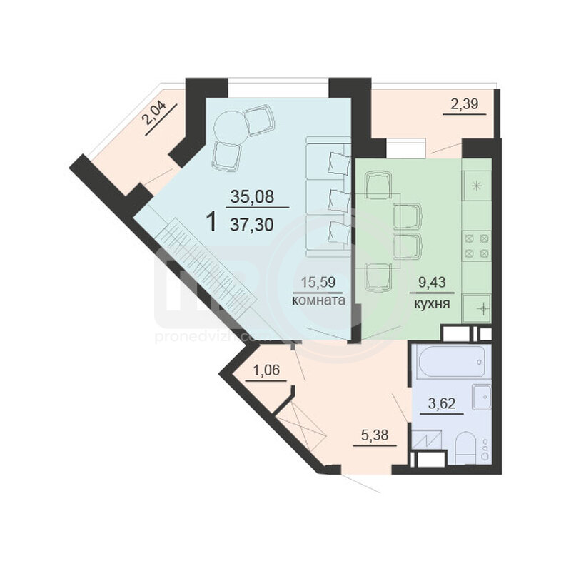 1-комнатная квартира, 37.3кв.м