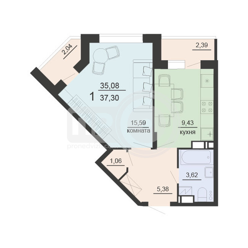 1-комнатная квартира, 37.3кв.м