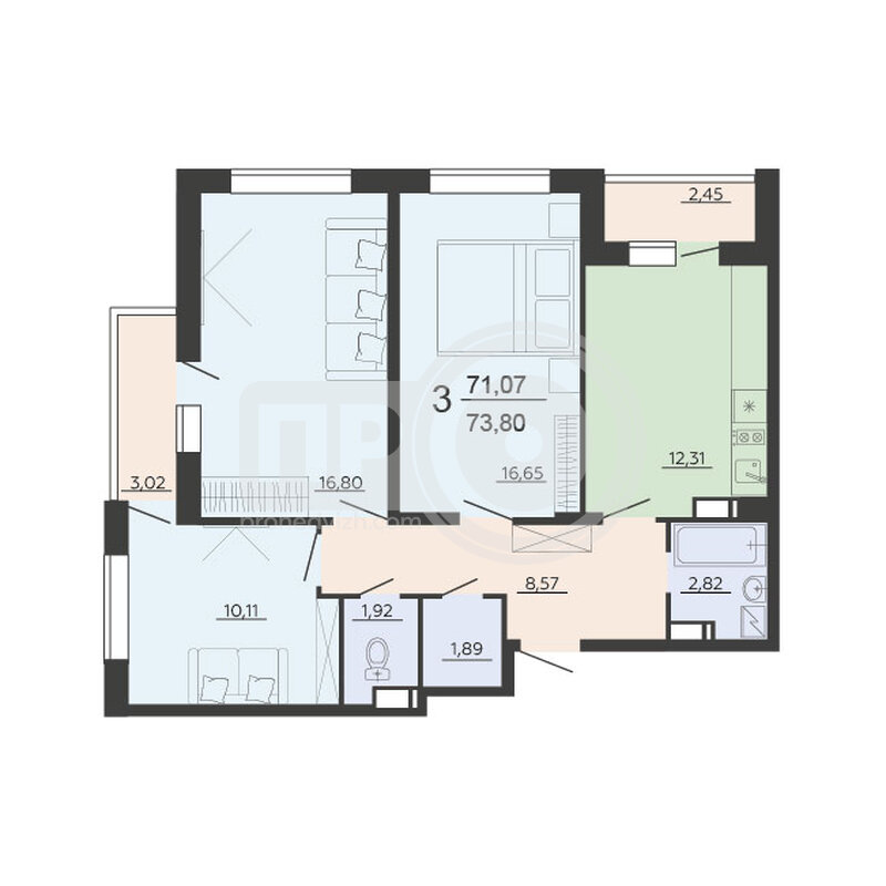 3-комнатная квартира, 73.8кв.м