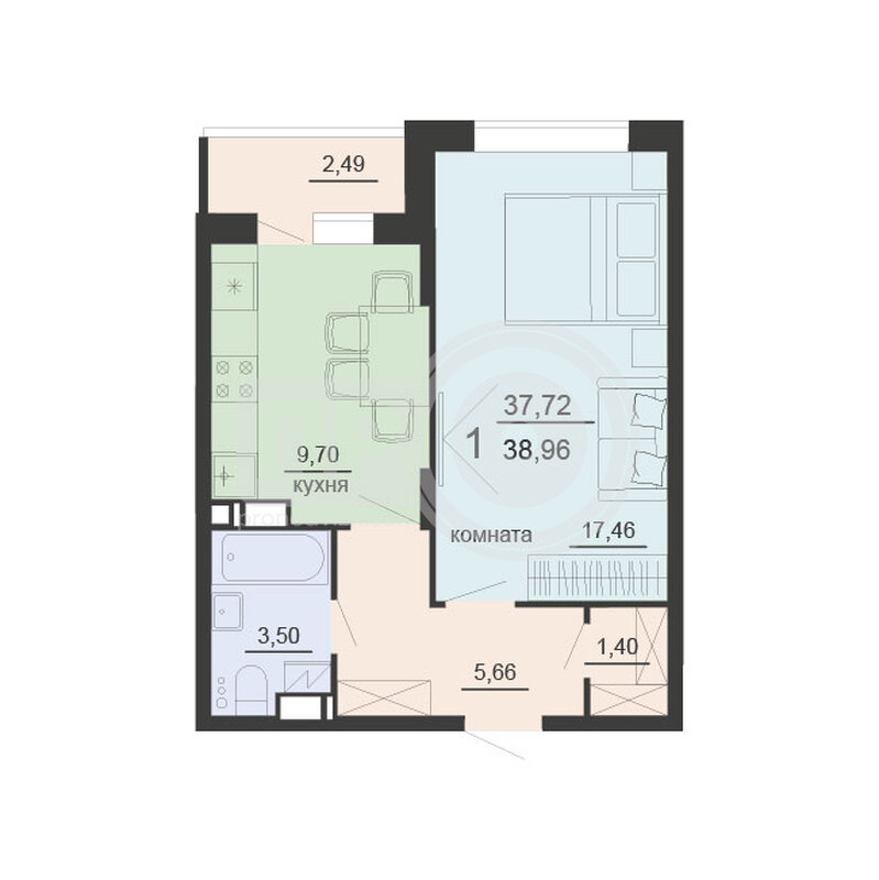 1-комнатная квартира, 37.3кв.м