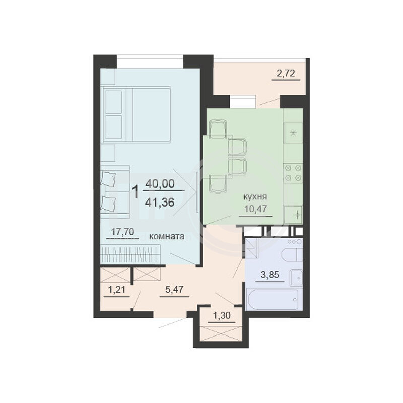1-комнатная квартира, 41.36кв.м