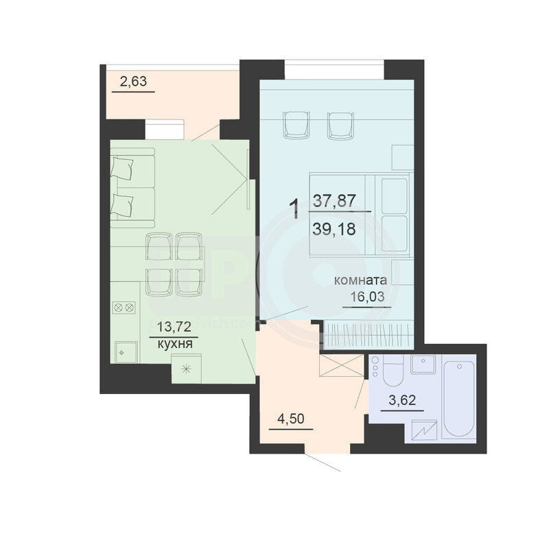 1-комнатная квартира, 39.18кв.м