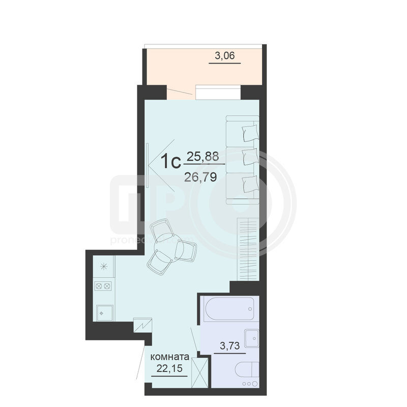 1-комнатная квартира, 26.79кв.м