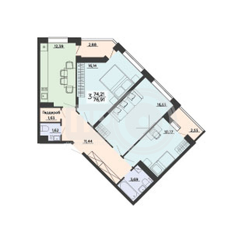 3-комнатная квартира, 76.91кв.м
