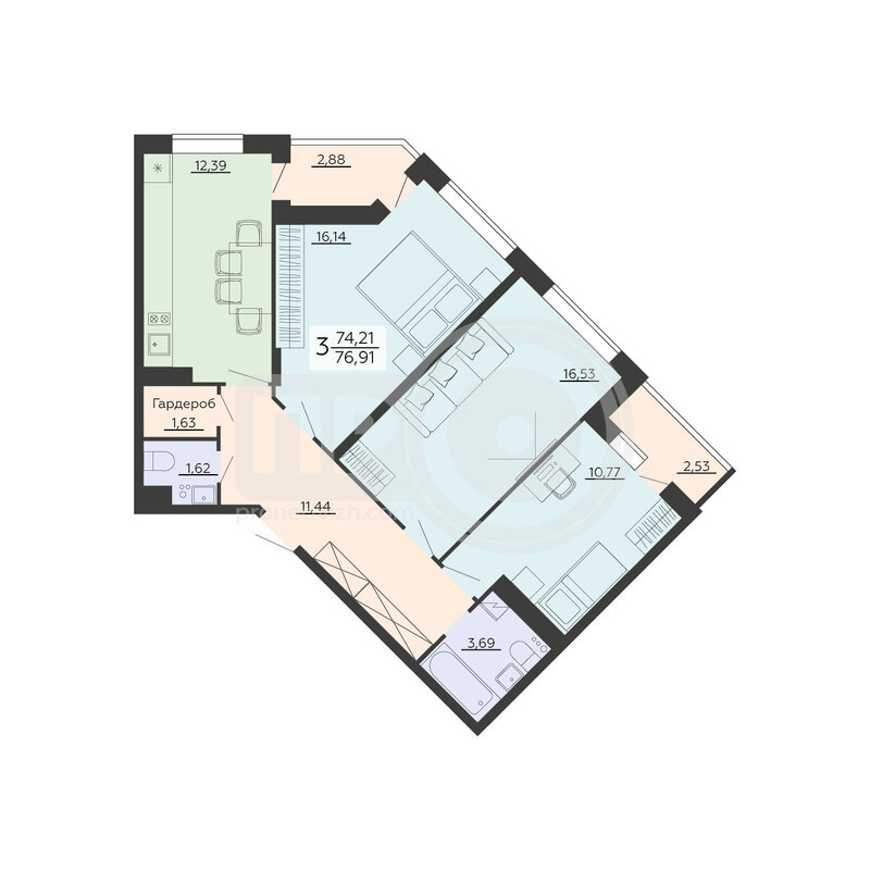 3-комнатная квартира, 76.91кв.м